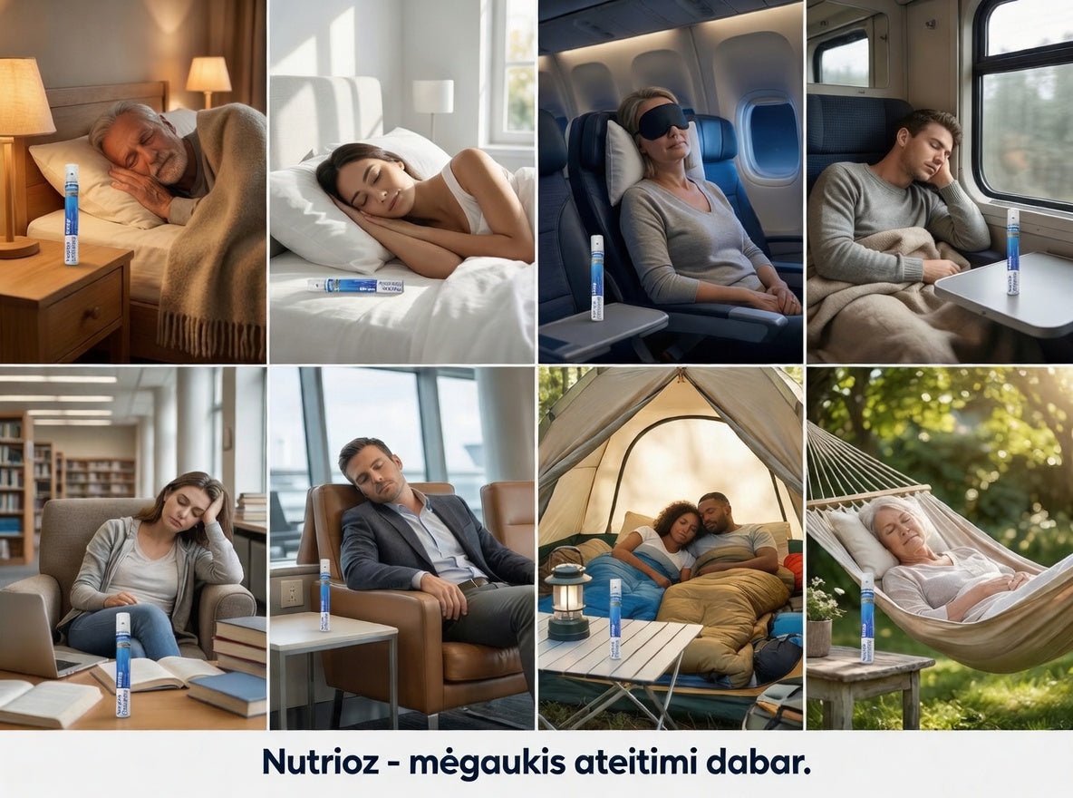 Geriausias miego papildas Nutrioz Sleep: 8 skydelių vizualizacija įrodanti produkto efektyvumą įvairaus amžiaus žmonėms kelionėse ir namuose. Molekulinė technologija, pripažinta NASA Space Apps Challenge 2025, užtikrina greičiausią pasisavinimą rinkoje.